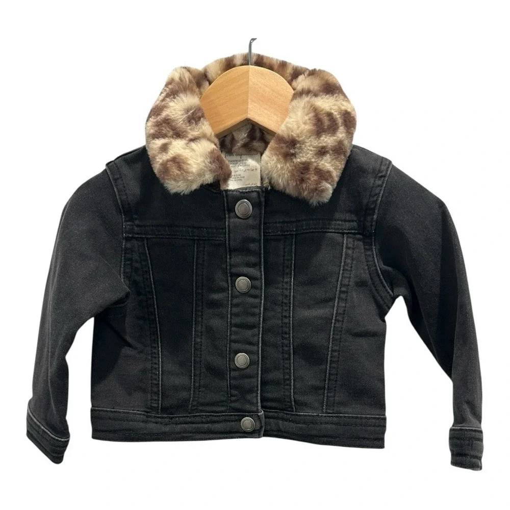 First Impressions Black Denim Jacket with Faux Fur Collar 12M‎